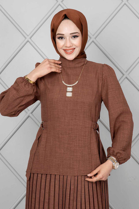 Ensemble double hijab avec ceinture latérale marron