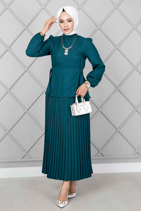 Yanları Kemerli Tesettür İkili Takım Petrol