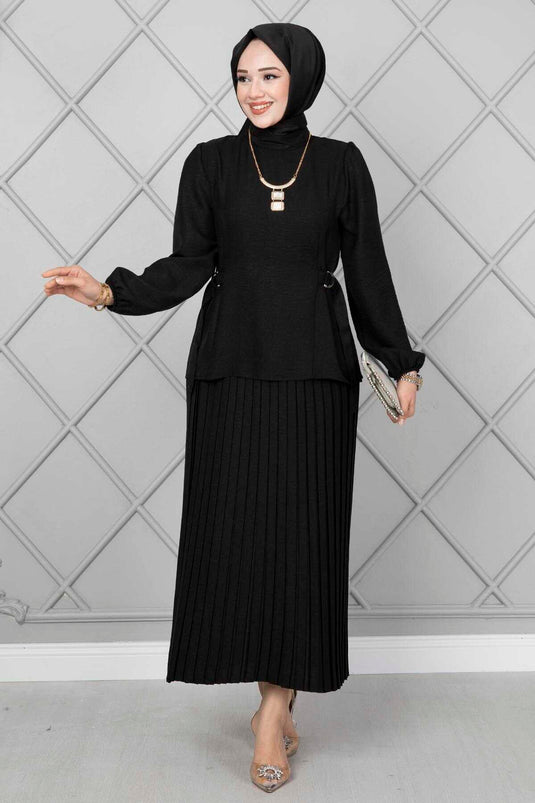 Yanları Kemerli Tesettür İkili Takım Siyah