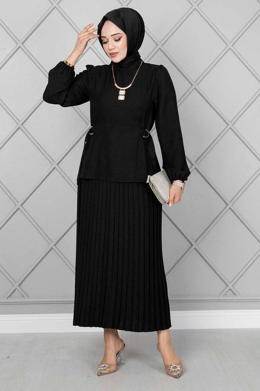 Yanları Kemerli Tesettür İkili Takım Siyah