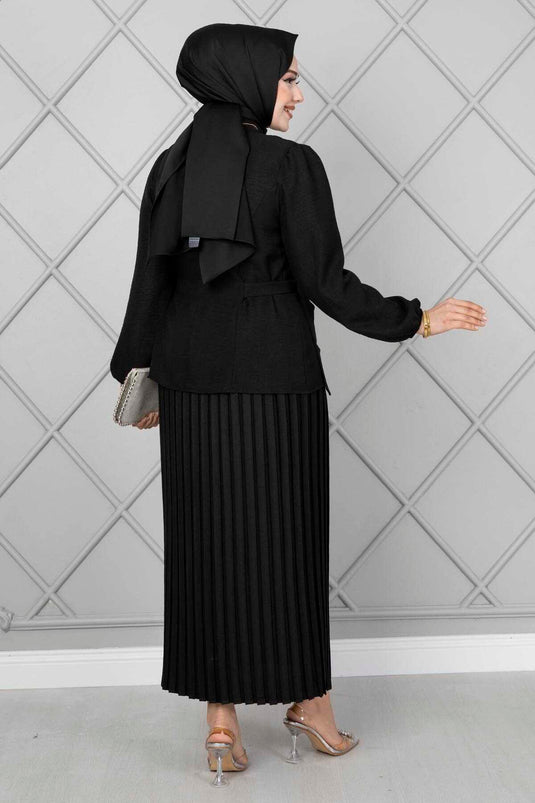 Yanları Kemerli Tesettür İkili Takım Siyah