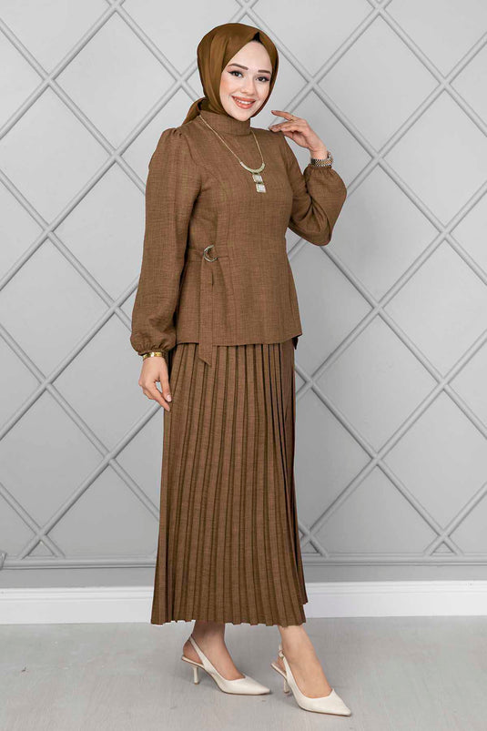 Yanları Kemerli Tesettür İkili Takım Tütün