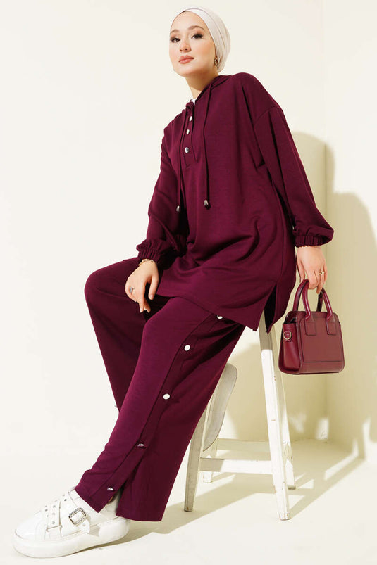 Zweiteiliges Kapuzen-Set mit Metallknöpfen an den Seiten, Pflaume