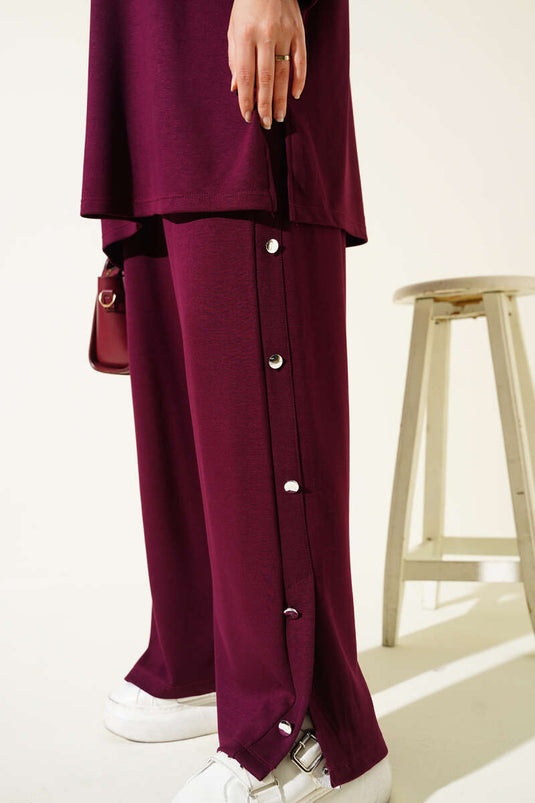 Zweiteiliges Kapuzen-Set mit Metallknöpfen an den Seiten, Pflaume