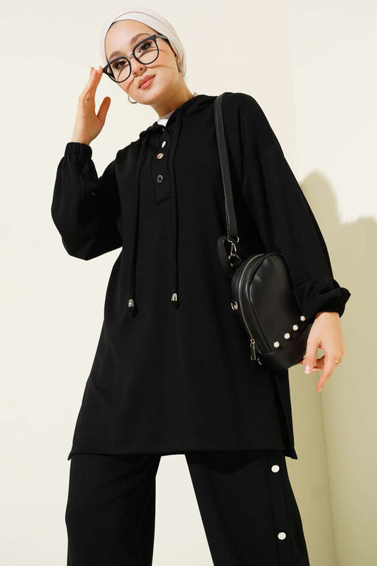 Hooded Two-Piece Set with Metal Buttons on the Sides, Black