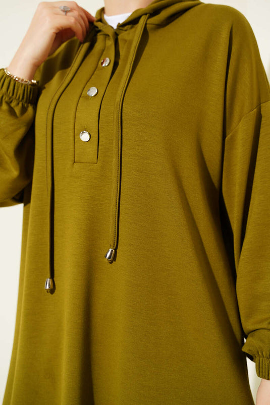 Zweiteiliges Kapuzen-Set mit Metallknöpfen an den Seiten, Olivgrün