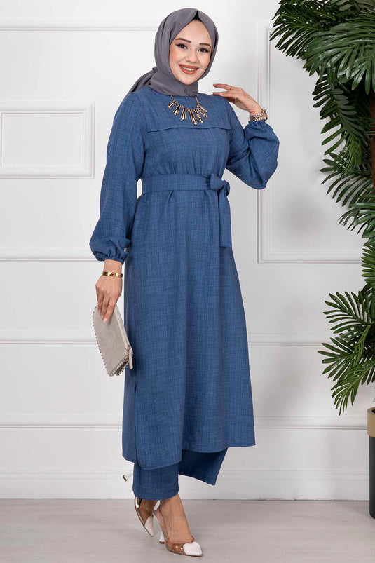 Yanları Yırtmaçlı İkili Tesettür Takım İndigo