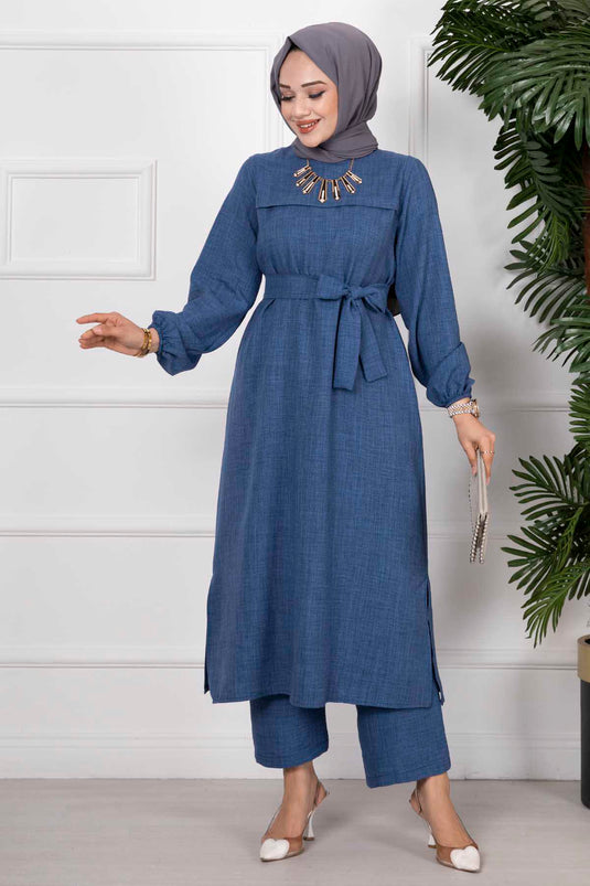 Yanları Yırtmaçlı İkili Tesettür Takım İndigo