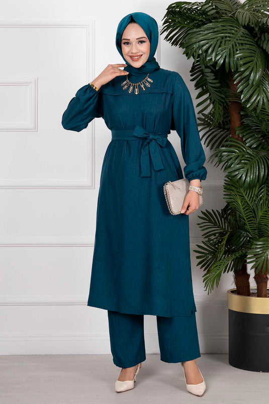 Yanları Yırtmaçlı İkili Tesettür Takım Petrol