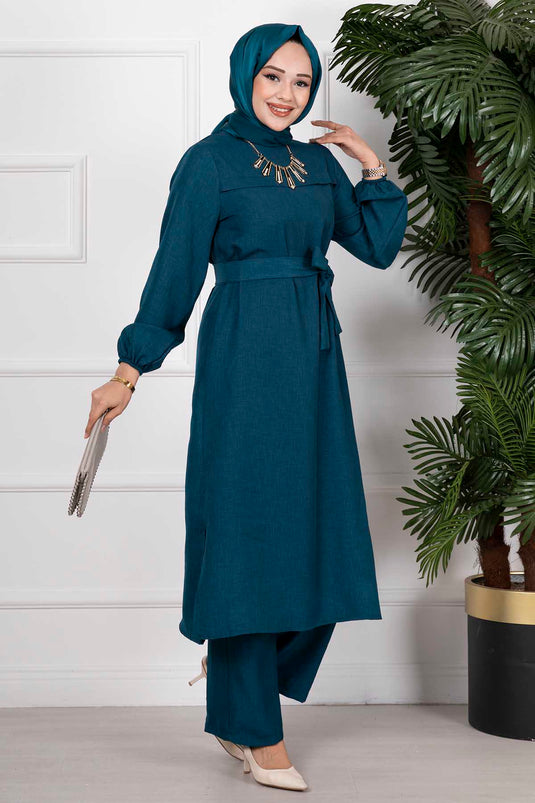 Yanları Yırtmaçlı İkili Tesettür Takım Petrol