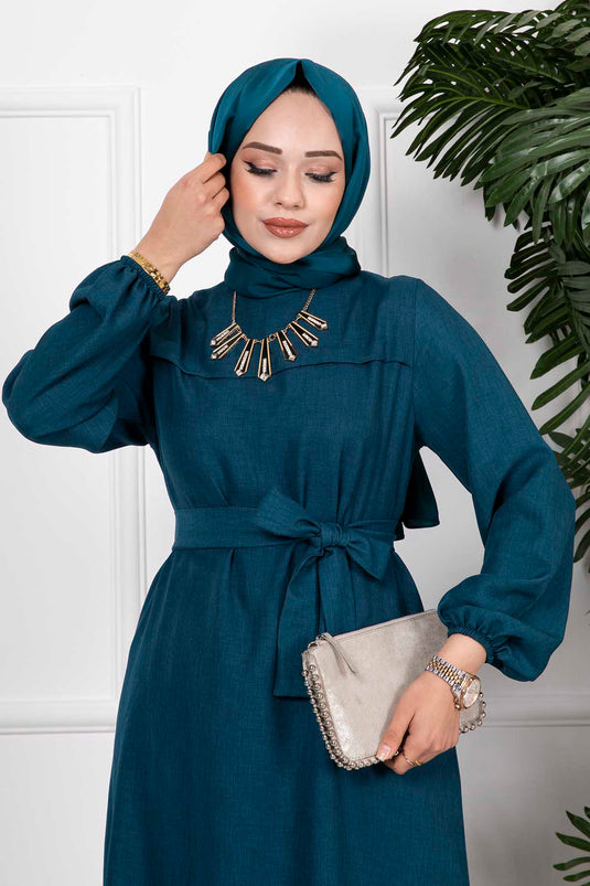 Yanları Yırtmaçlı İkili Tesettür Takım Petrol