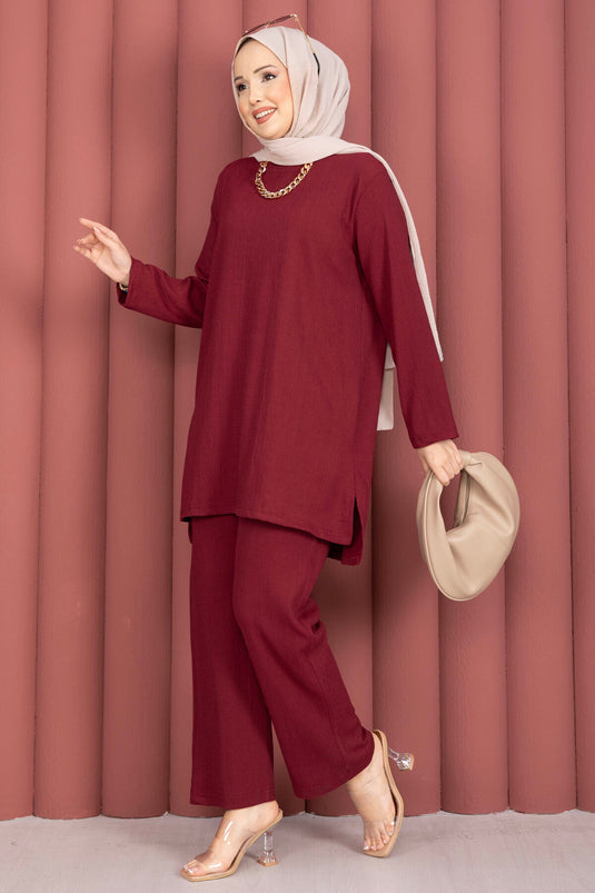 Yanları Yırtmaçlı Tunik Pantolon Takım Bordo