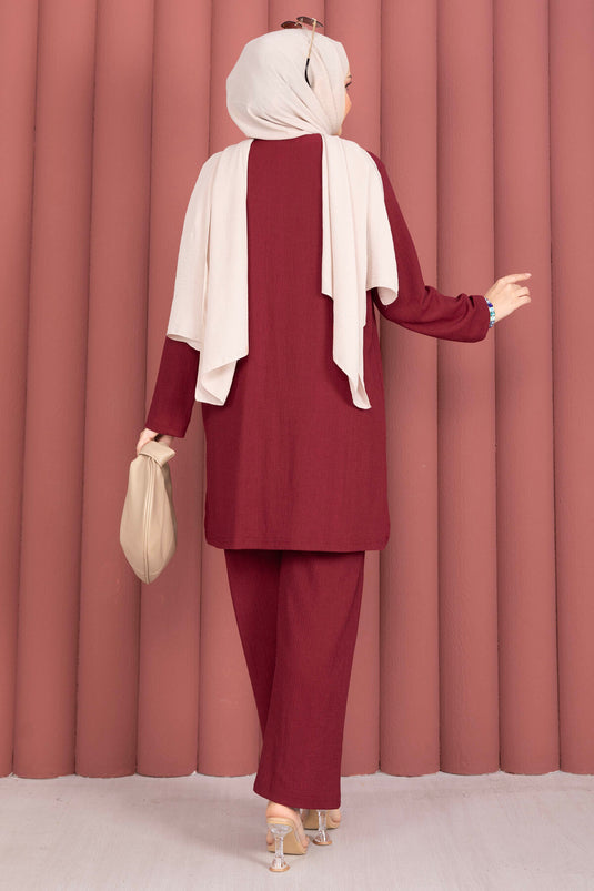Yanları Yırtmaçlı Tunik Pantolon Takım Bordo