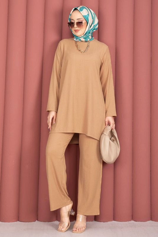 Side Slit Tunic and Pants Set Camel
