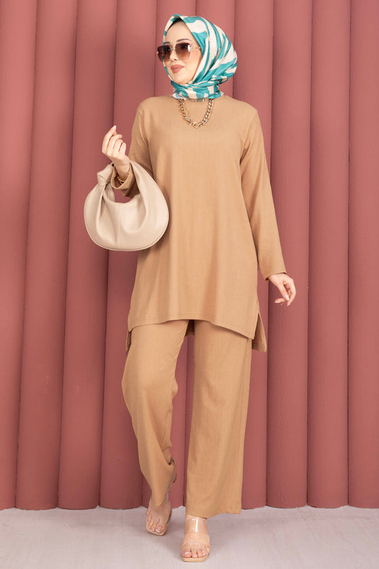 Side Slit Tunic and Pants Set Camel