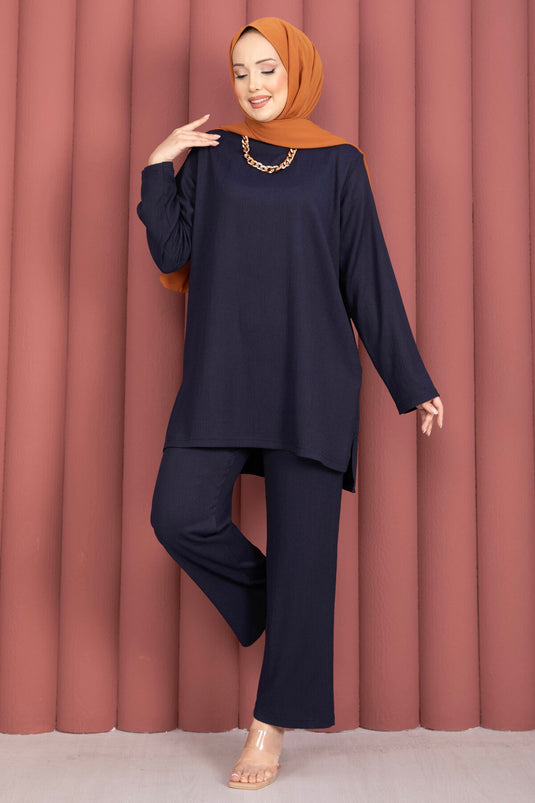 Ensemble tunique pantalon fendu sur les côtés bleu marine