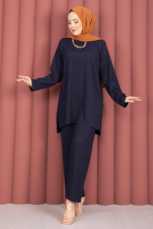 Ensemble tunique pantalon fendu sur les côtés bleu marine