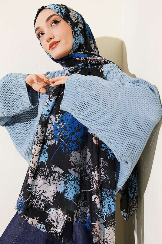 Foulard de la série Aya motif feuille bleu saphir