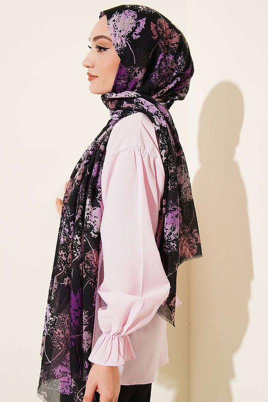 Yaprak Desen Aya Série Châle Noir Violet