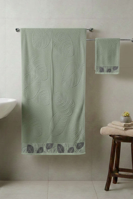 Yaprak Desen Banyo Havlu 2'li Takım Çağla Yeşili