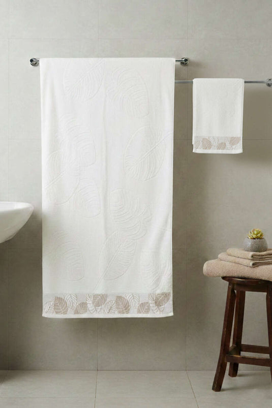 Ensemble de 2 serviettes de bain à motif feuille couleur écru