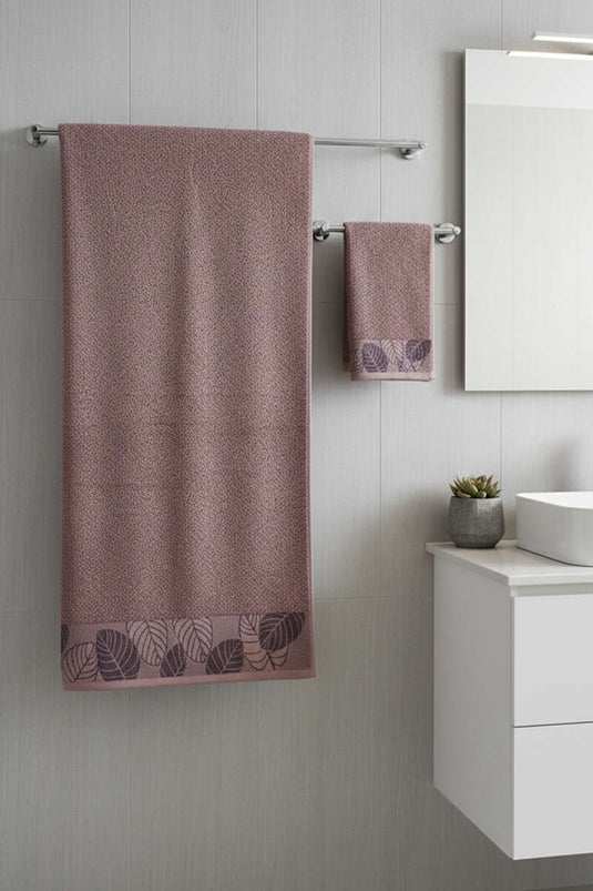 Yaprak Desen Banyo Havlu 2'li Takım Gül Kurusu