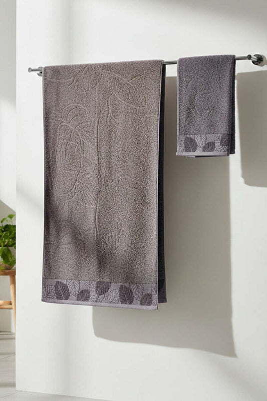 Ensemble de 2 serviettes de bain à motif feuille, gris ardoise