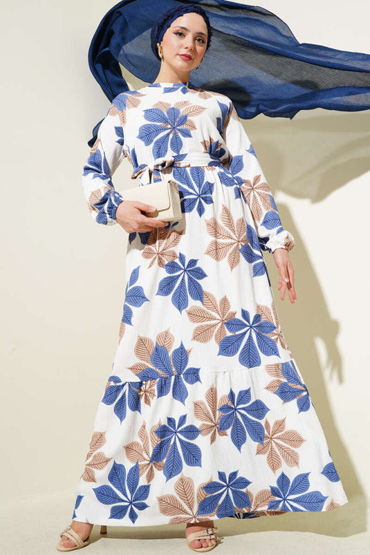 Yaprak Desen Bel Lastikli Bürümcük Elbise İndigo