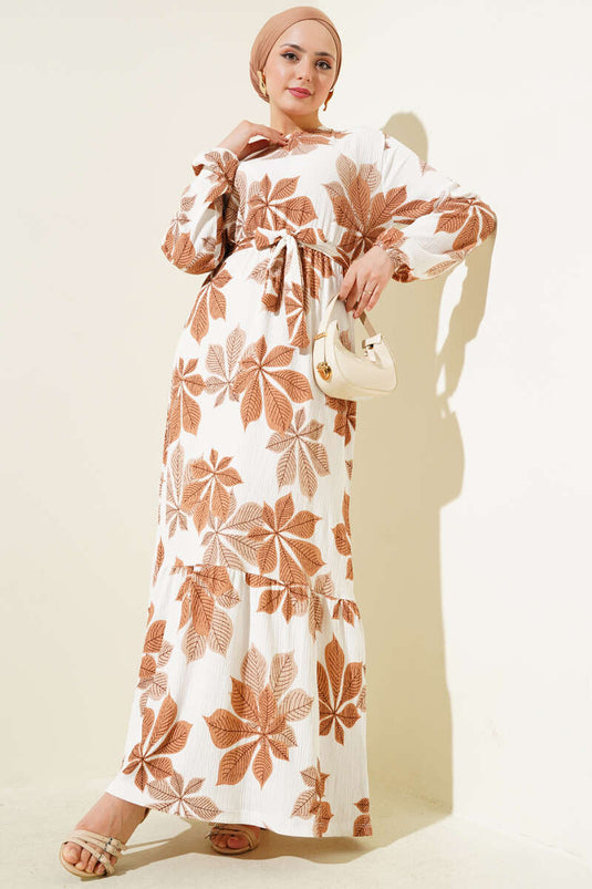 Leaf Pattern Elastic Waist Crepe Dress Latte