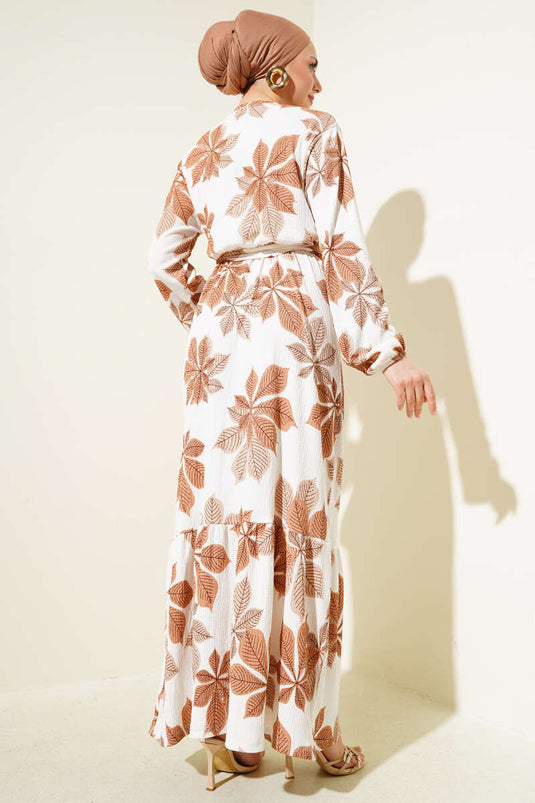 Robe crêpe à taille élastique et motif feuilles, couleur latte