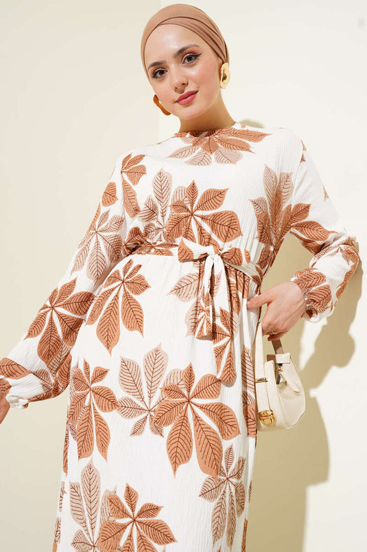 Robe crêpe à taille élastique et motif feuilles, couleur latte