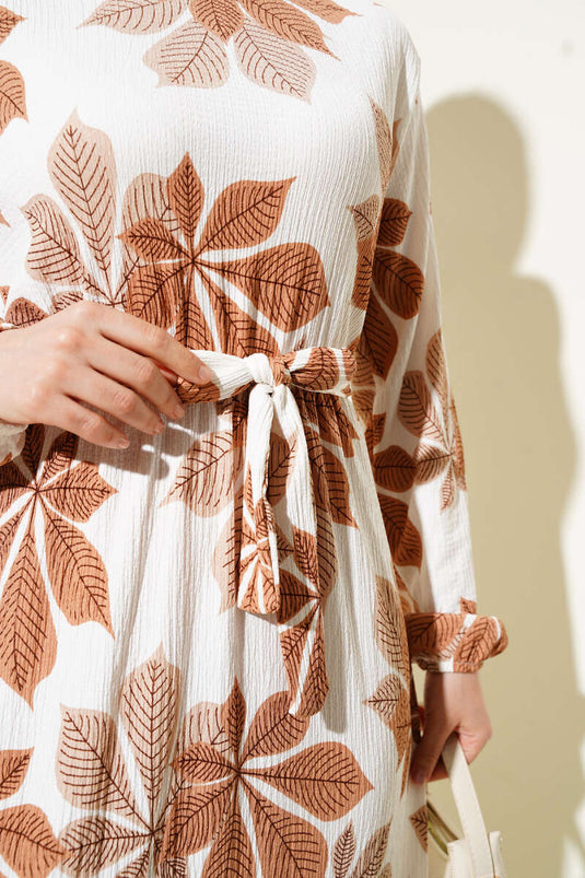 Leaf Pattern Elastic Waist Crepe Dress Latte