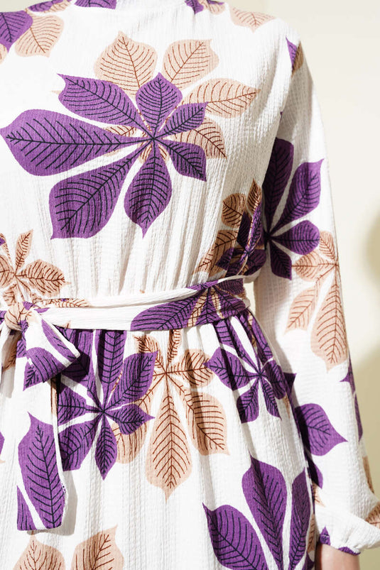 Yaprak Desen Bel Lastikli Bürümcük Elbise Mor