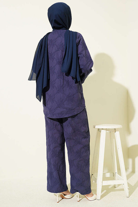 Yaprak-Muster Blumenknopf-Set Dunkelblau
