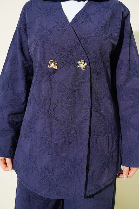 Yaprak-Muster Blumenknopf-Set Dunkelblau