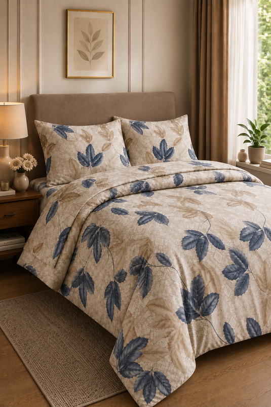 Leaf Pattern Double Duvet Cover Set Blue