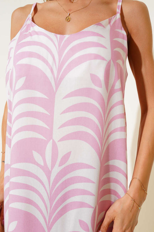 Robe midi rose à bretelles et motif feuilles