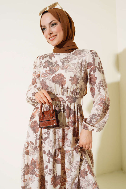 Robe En Lin Motif Feuilles Marron