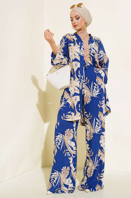 Set kimono casual con motivo a foglie blu navy