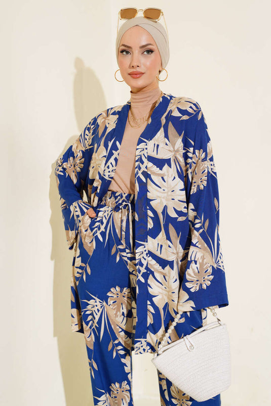 Set kimono casual con motivo a foglie blu navy