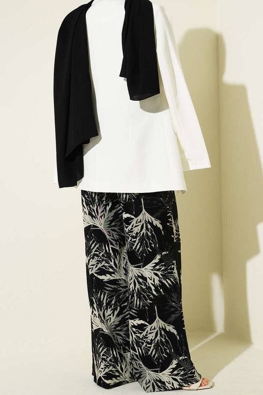 Leaf Pattern Satin Wide-Leg Pants Black