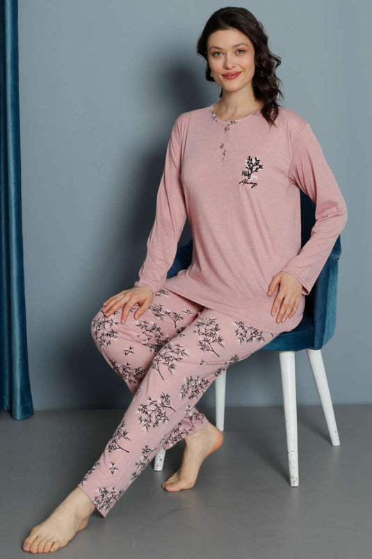 Ensemble pyjama en viscose à motif de feuilles, rose poudré