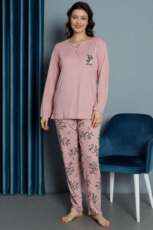 Ensemble pyjama en viscose à motif de feuilles, rose poudré