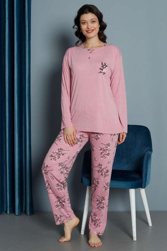 Ensemble pyjama en viscose à motif de feuilles et rose persane