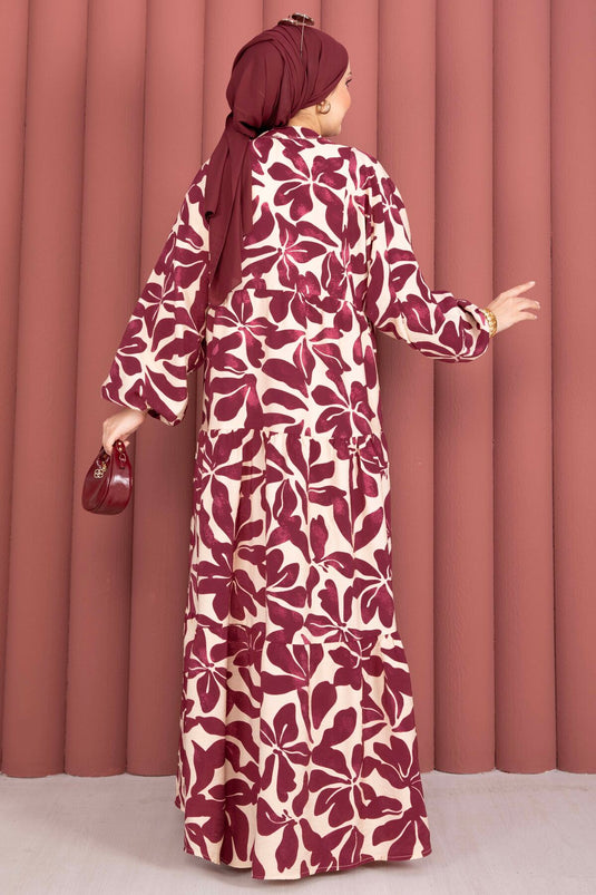 Yaprak-Muster Halbknopf Viskose Kleid Bordeaux