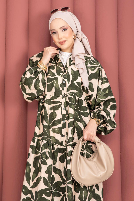 Leaf Pattern Half-Button Viscose Dress Khaki