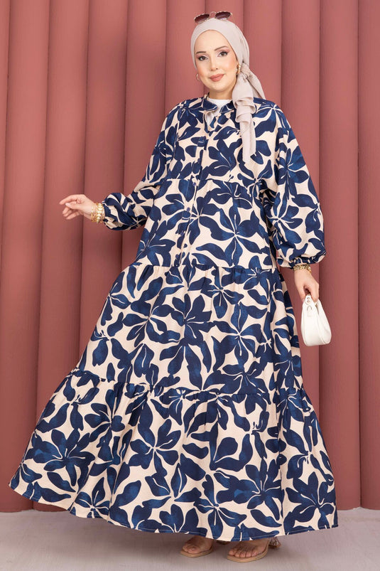 Yaprak-Muster Halbgeknöpftes Viskosekleid Marineblau