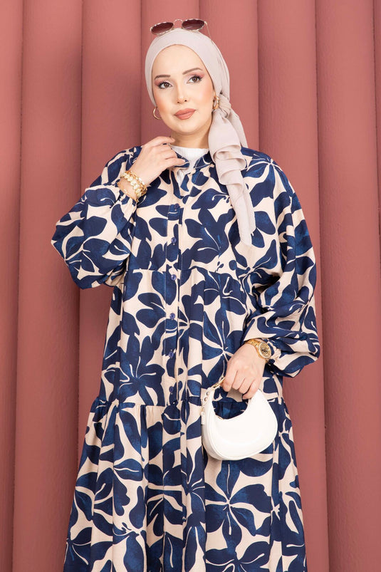 Yaprak-Muster Halbgeknöpftes Viskosekleid Marineblau