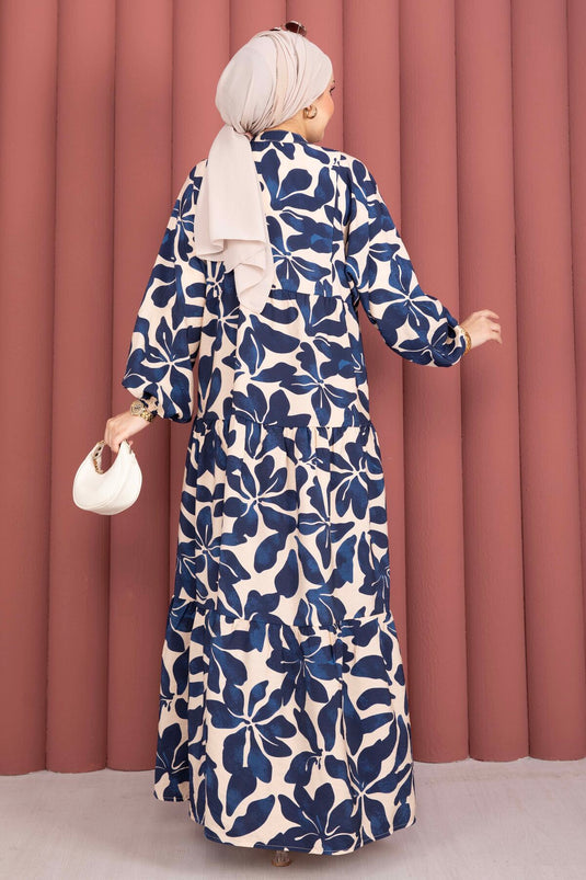 Yaprak-Muster Halbgeknöpftes Viskosekleid Marineblau
