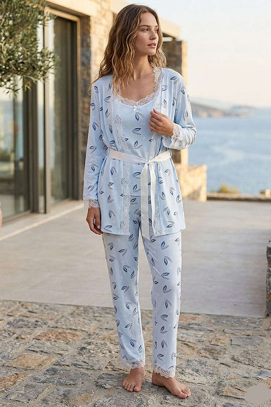 Yaprak Desenli Dantelli Sabahlıklı 3'lü Pijama Takımı Buz Mavisi